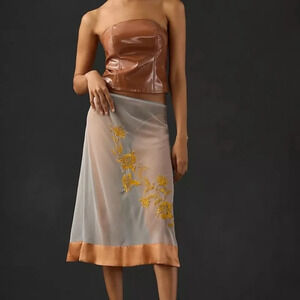 Anthropologie Sheer Beige Midi Skirt with Gold Floral Embroidery